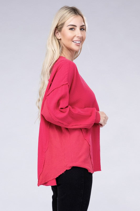 Double Gauze Oversized 3/4 Button Henley Neck Top