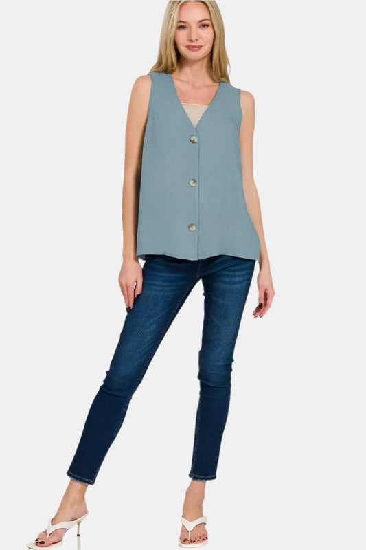 Linen 3 Button Vest / BLUE GREY