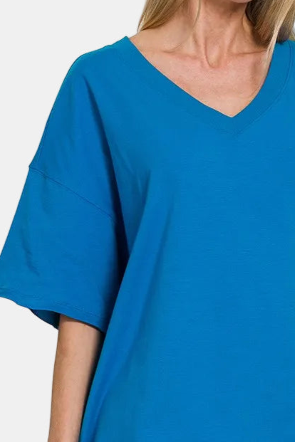 Cotton V-Neck Top & Biker Shorts Set / OCEAN BLUE