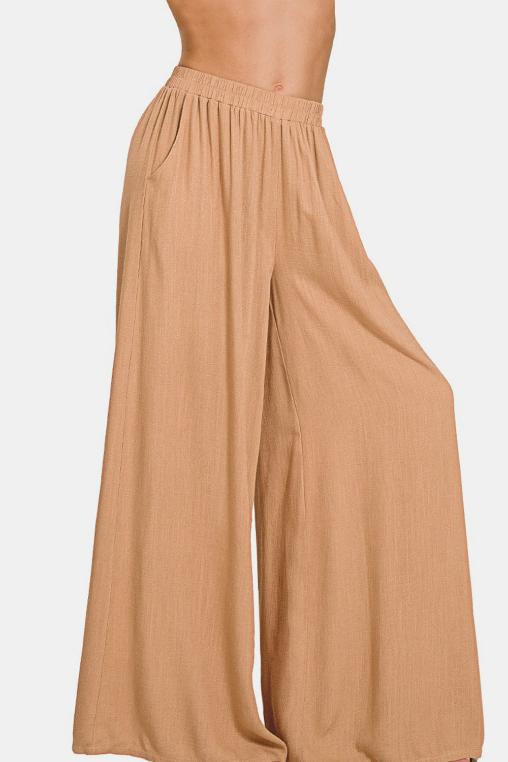 Woven Pleated Linen Blend Wide Leg Pants