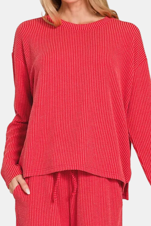 Raised Rib Long Sleeve Tee & Shorts Set / RUBY
