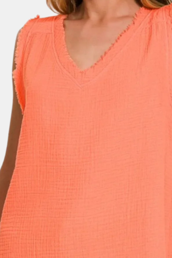 Double Gauze Raw Edge V-Neck Tank / CORAL