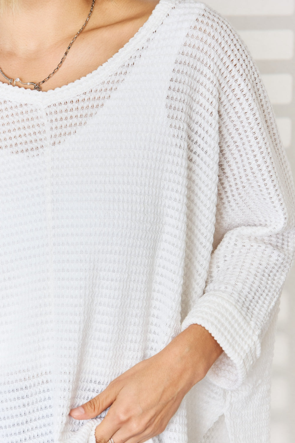 3/4 Sleeve V-Neck Hi-Low Hem Jacquard Sweater