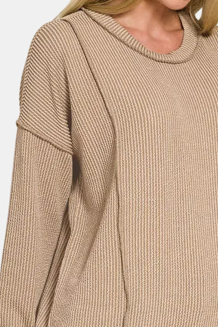 Corded Rib Long Sleeve Round Neck Top / COCOA