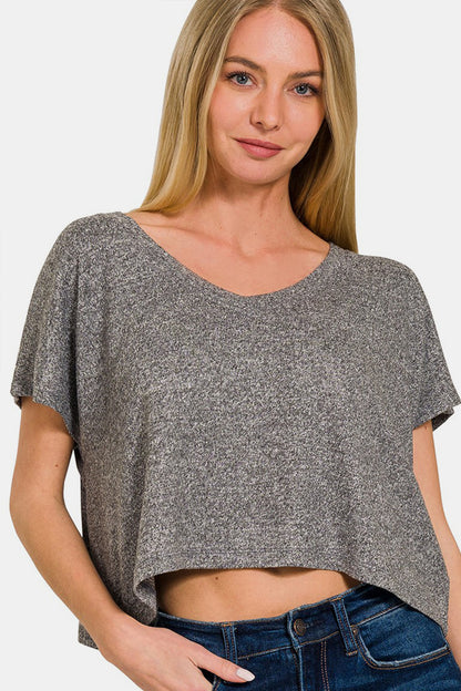 Soft V-Neck Drop Shoulder Cropped Top