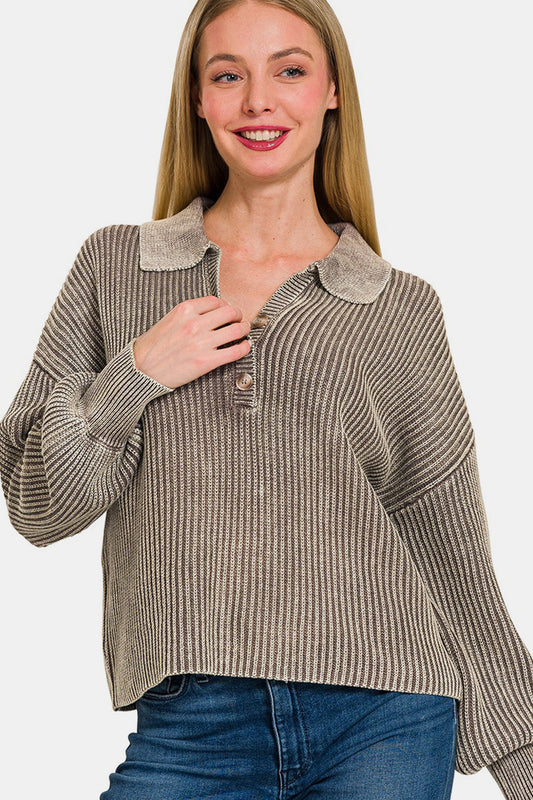 Washed Collared Henley Sweater