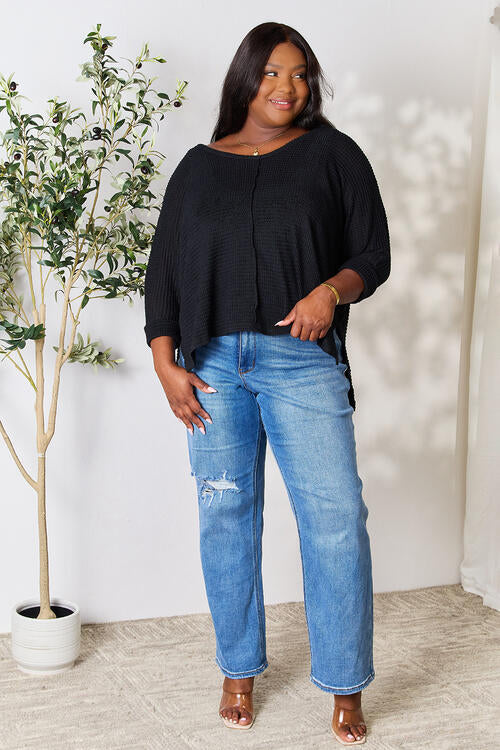 3/4 Sleeve V-Neck Hi-Low Hem Jacquard Sweater / BLACK