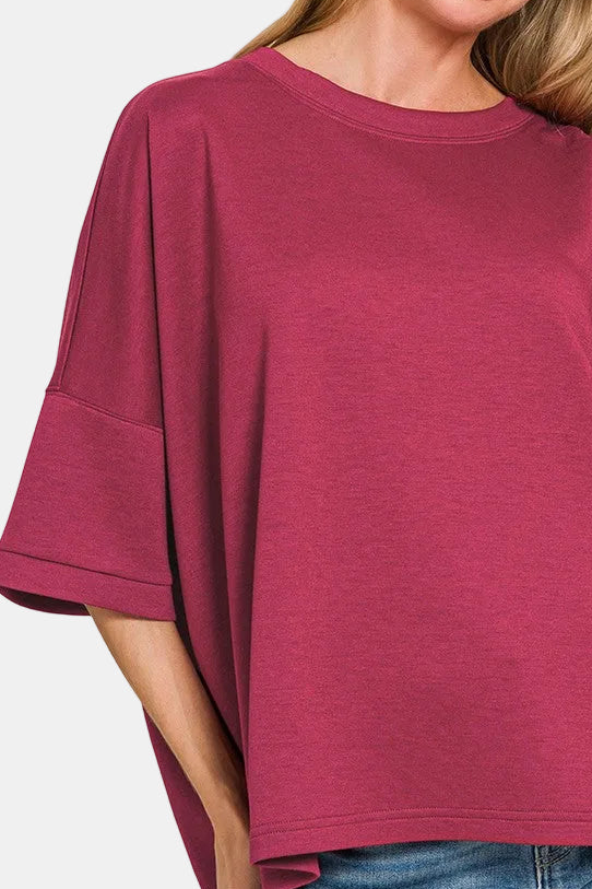 Scuba Round Neck Top With Side Slits / CABERNET