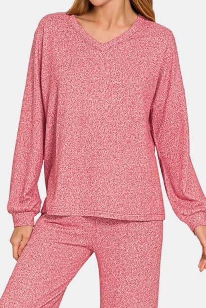 Soft Melange Long Sleeve Tee & Pants Set / DK RED