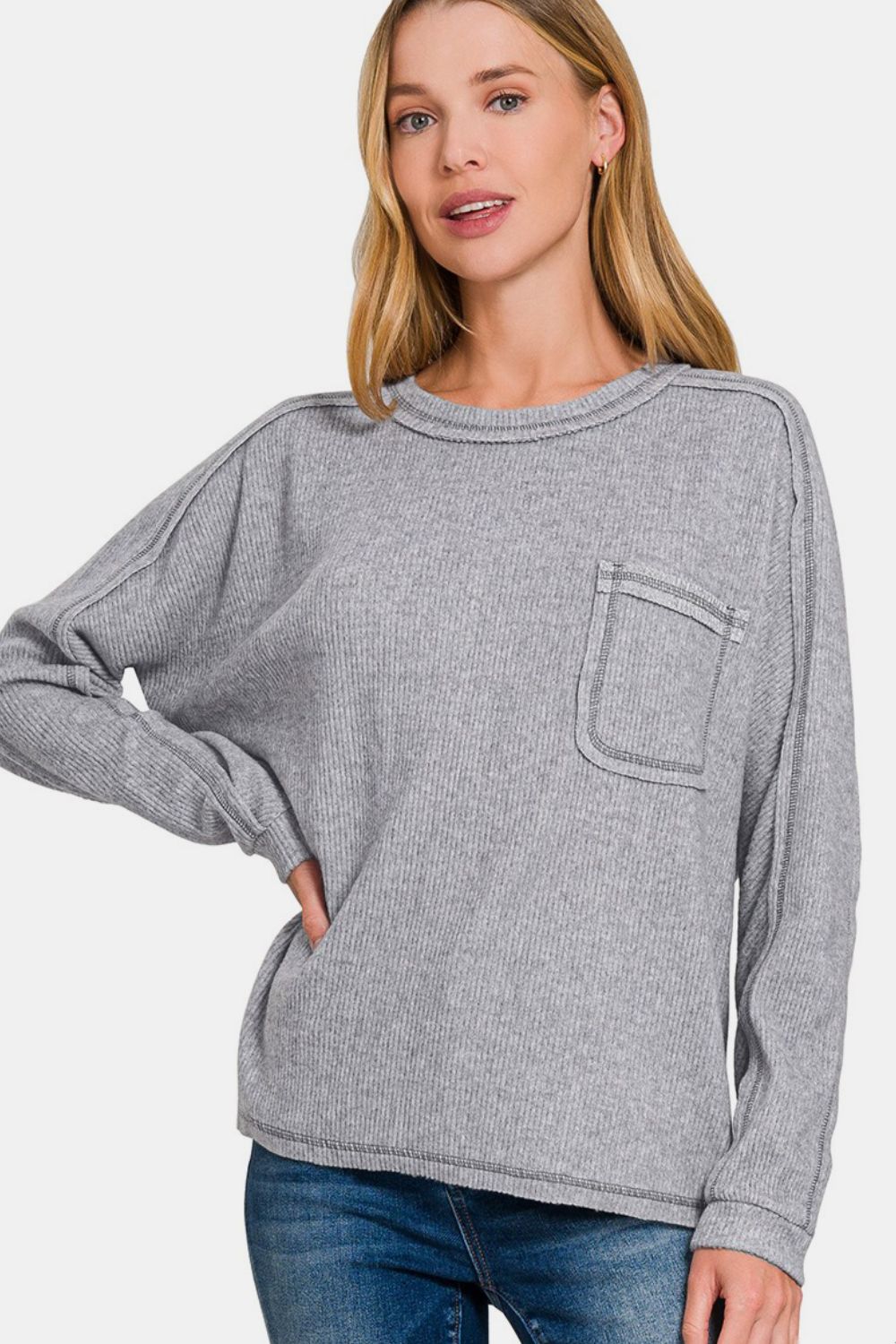 Brushed Ribbed Hacci Round Neck Sweater