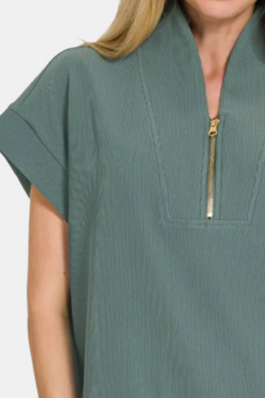 Ribbed High Neck Half Zip Top / ASH JADE