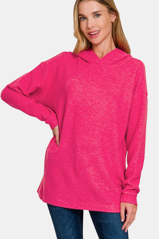 Hooded Brushed Melange Hacci Sweater / HOT PINK