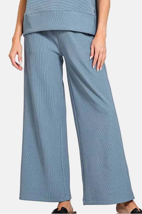 Ribbed Round Neck Tee & Pants Set / DUSTY BLUE