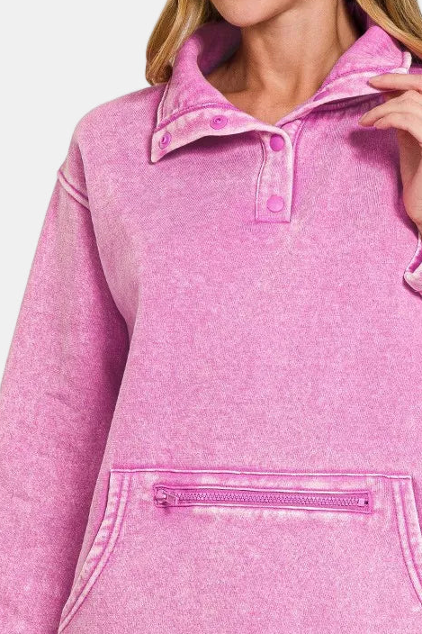 Fleece Washed High Neck Kangaroo Pocket Pullover / MAUVE