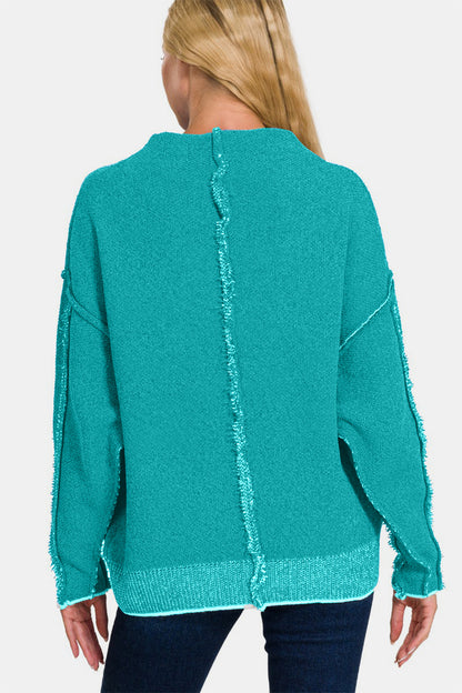 Oversized Mock Neck Raw Seam Chenille Sweater