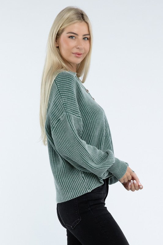 Washed Collared Henley Sweater