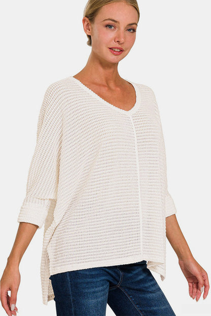 3/4 Sleeve V-Neck Hi-Low Hem Jacquard Sweater