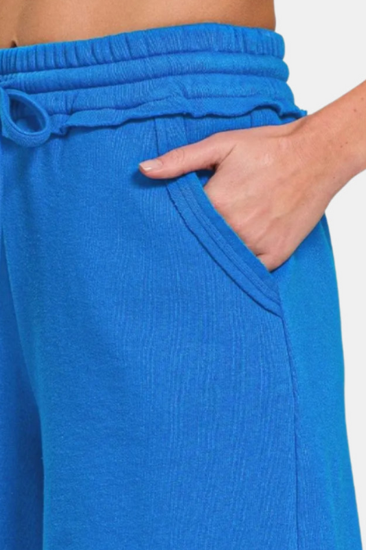 Fleece Raw Hem Shorts With Drawstring / OCEAN BLUE