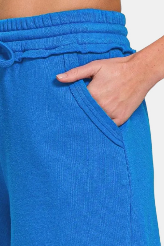 Fleece Raw Hem Shorts With Drawstring / OCEAN BLUE