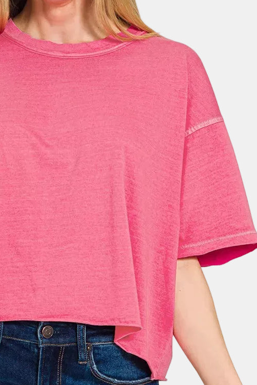 Pigment Dye & Enzyme Washed Oversized Crop Box Tee / FUCHSIA