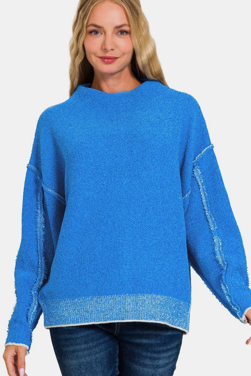 Oversized Mock Neck Raw Seam Chenille Sweater