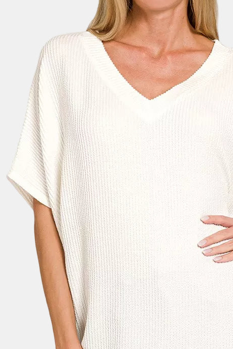 Raised Rib V-Neck Batwing Top / WHITE