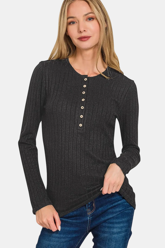 Ribbed Long Sleeve Button Down Top / BLACK
