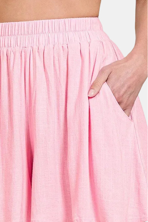 Woven Elastic Band Shorts With Pocket / LT PINK