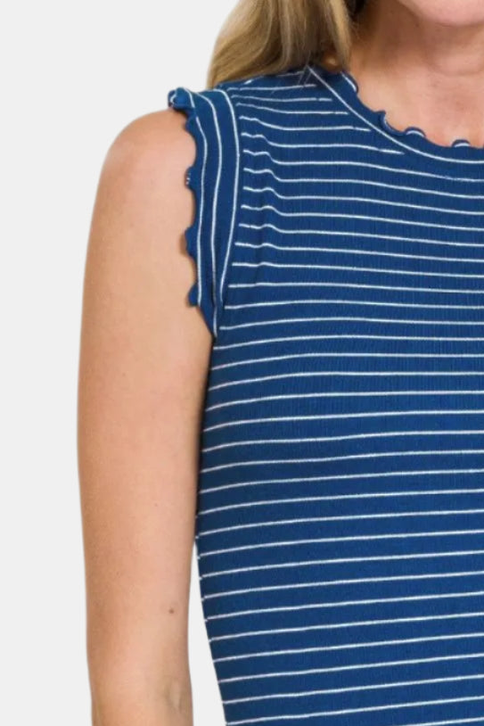 Ribbed Ruffle Trim Sleeveless Stripe Top / LT NAVY/WHITE