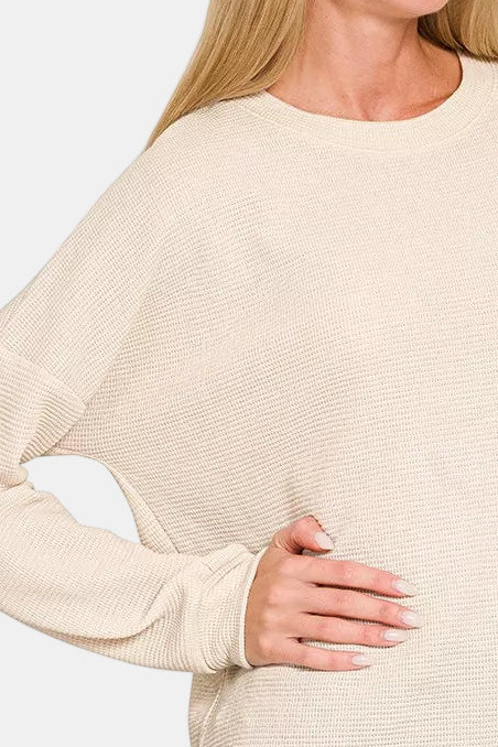 Double Knit Round Neck Long Sleeve Top / SAND BEIGE