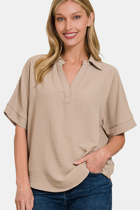 Woven Airflow Collared V-Neck Short Sleeve Top