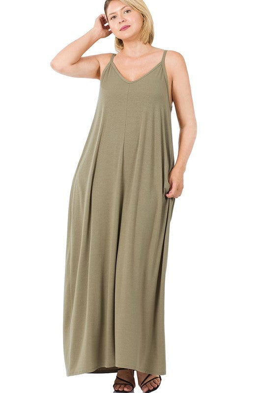 Plus V-Neck Cami Maxi Dress with Side Pockets