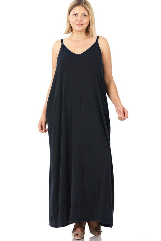 Plus V-Neck Cami Maxi Dress with Side Pockets