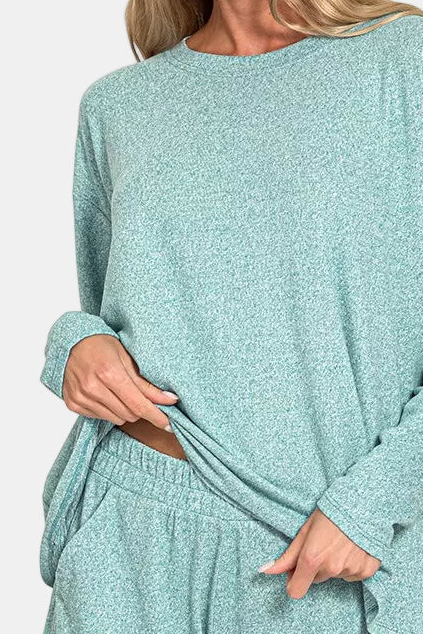 Soft Melange Long Sleeve Tee & Shorts Set / DUSTY TEAL