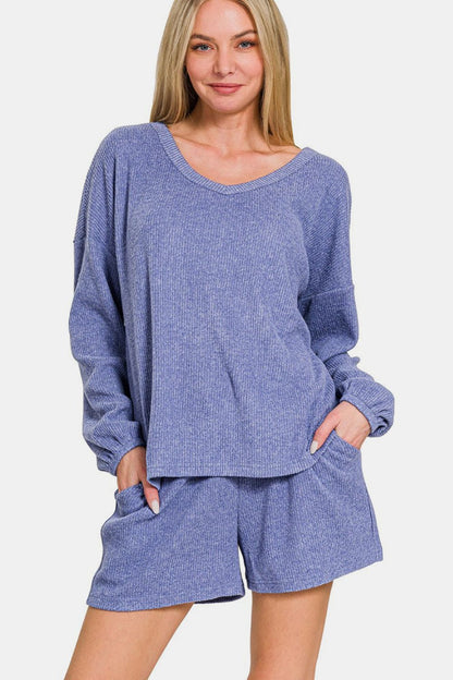 Brushed Ribbed Hacci V-Neck Long Sleeve Tee & Shorts Set