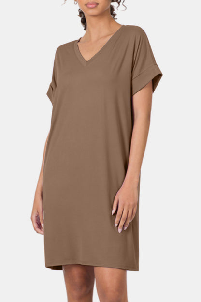 Brushed DTY Rolled Short Sleeve V-Neck Dress