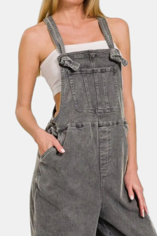 Washed Knot Strap Relaxed Fit Overalls / ASH BLACK