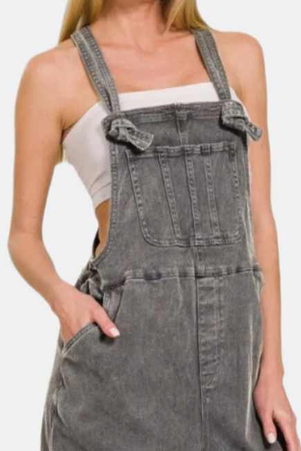 Washed Knot Strap Relaxed Fit Overalls / ASH BLACK