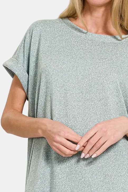 Soft Melange Hacci Short Sleeve Round Neck Top / BLUE GREY