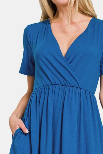 Brushed DTY Buttery Soft Fabric Surplice Dress / CLASSIC BLUE
