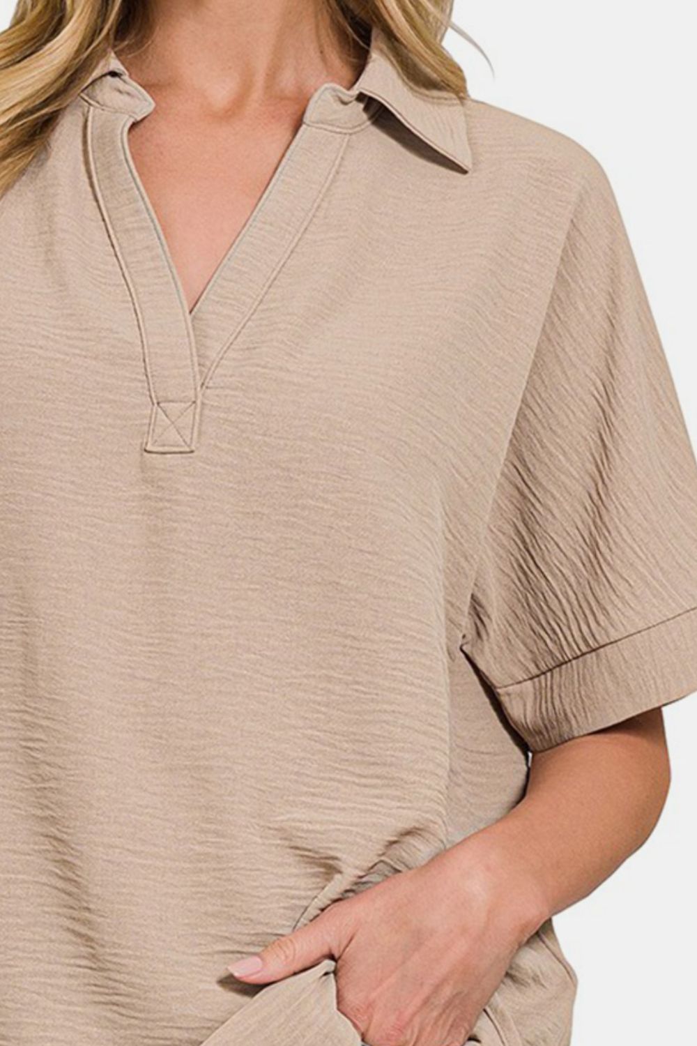 Woven Airflow Collared V-Neck Short Sleeve Top