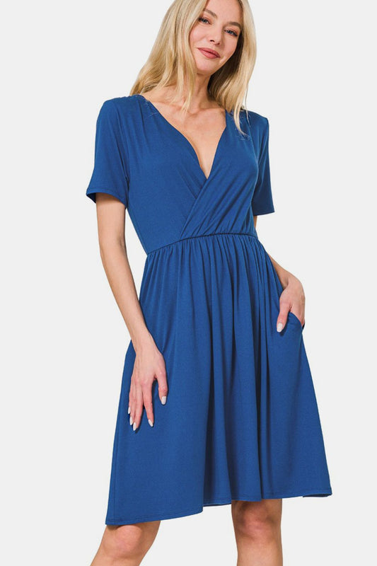 Brushed DTY Buttery Soft Fabric Surplice Dress / LT NAVY