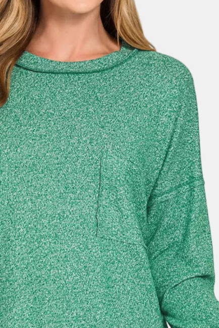 Soft Melange Hacci Round-Neck Long Sleeve Tee / DK GREEN