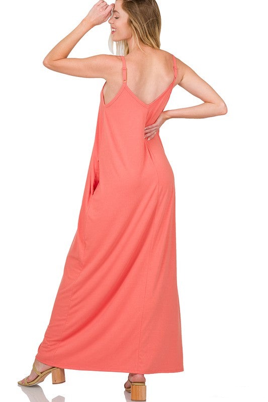 V-Neck Cami Maxi Dress with Side Pockets / MAGENTA