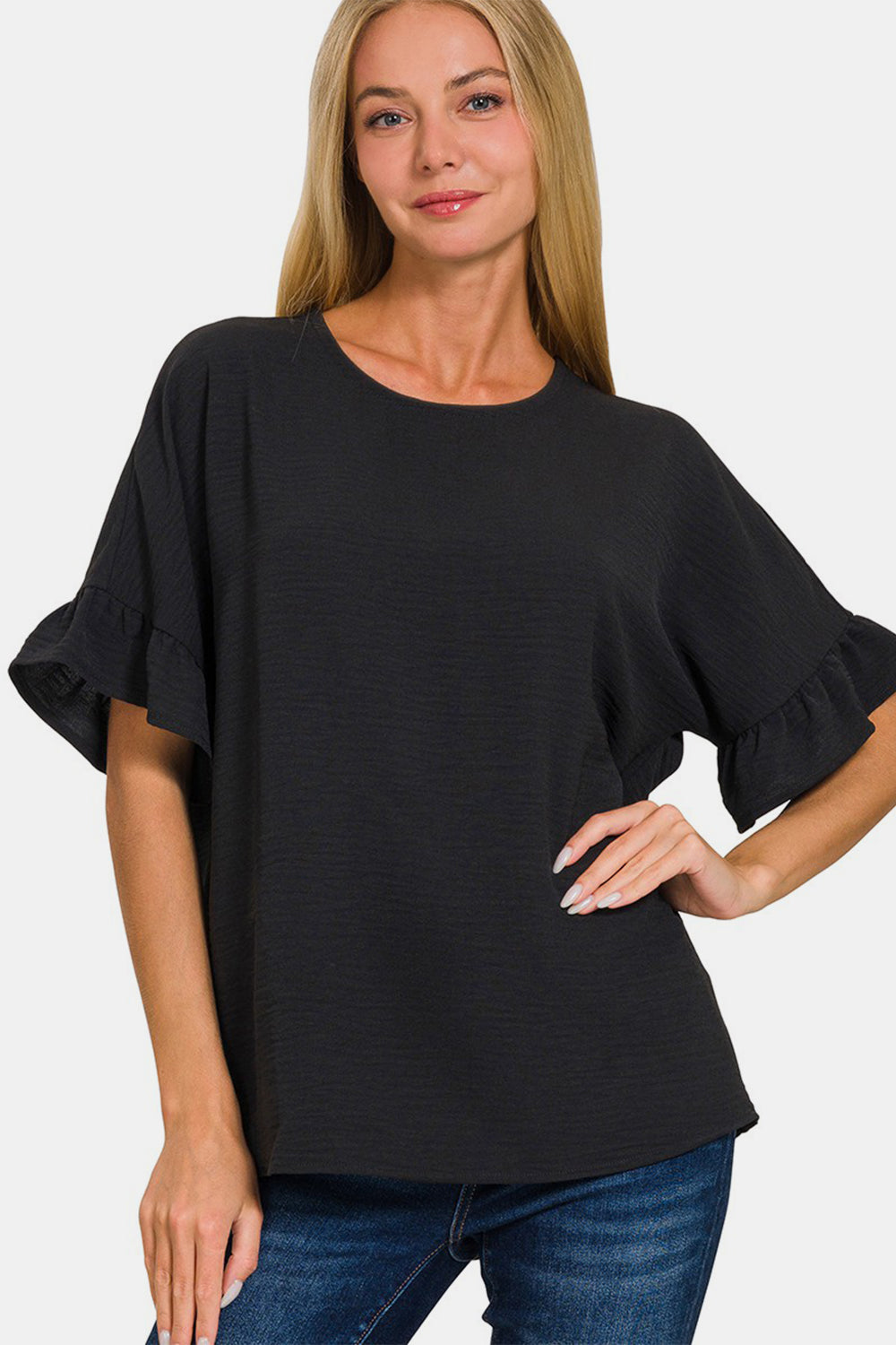 Woven Airflow Ruffle Sleeve Top