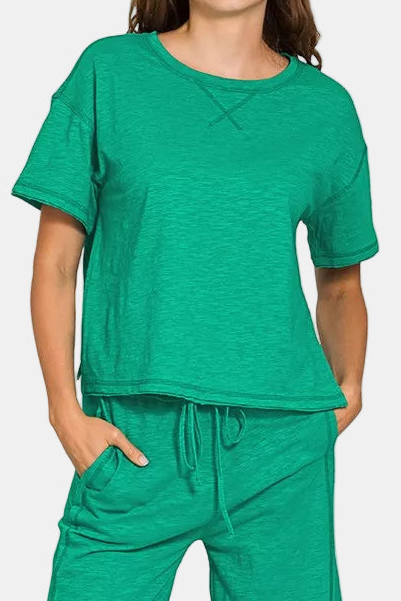 Cotton Slub Short Sleeve Tee & Pants Set / K GREEN