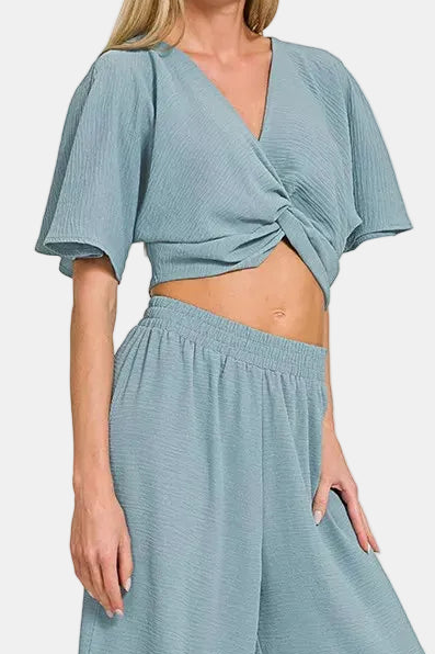 Woven Airflow Twisted Top & Wide Leg Pants Set / BLUE GREY