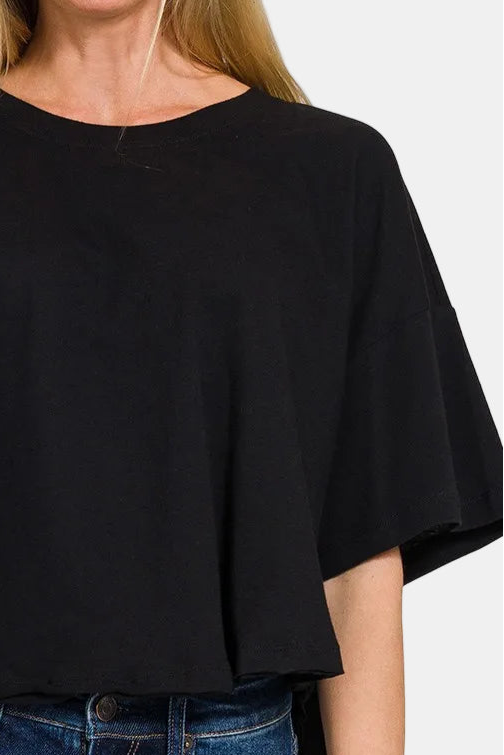 Cotton Round Neck Short Sleeve Top / BLACK