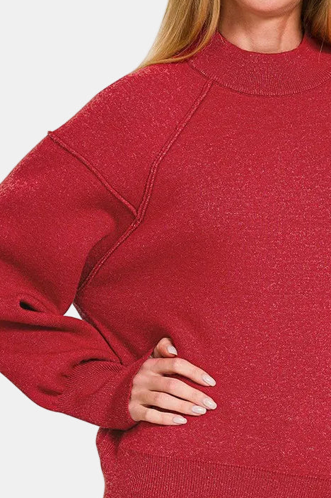 Viscose Mock Neck Exposed Seam Sweater / H RED