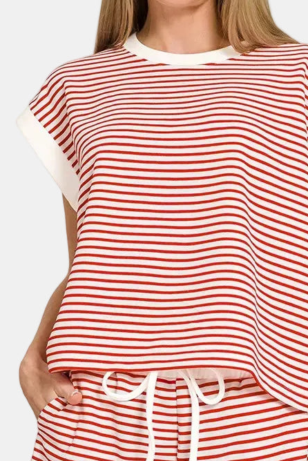 Stripe Contrast Trim Top & Shorts Set / RUBY
